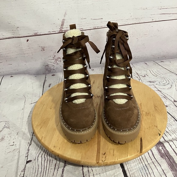 Steve Madden Rainier Womens Size 8.5 Brown Leather Faux Fur Lug Boot Combat - Picture 2 of 9